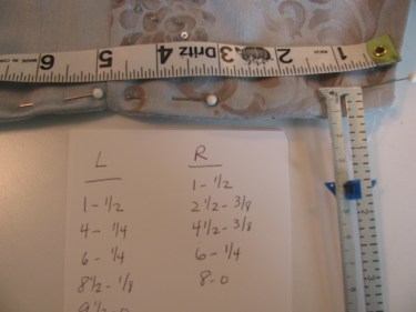 My L and R measurements for taking in the bust on a dress blue brocade sewing blog 225