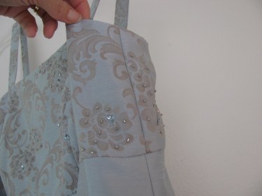 finished blue brocade dress after taking in the bust, sewing blog 248