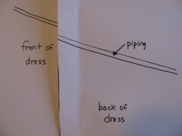 diagram folded at side seam, altering a dress with piping, 8720